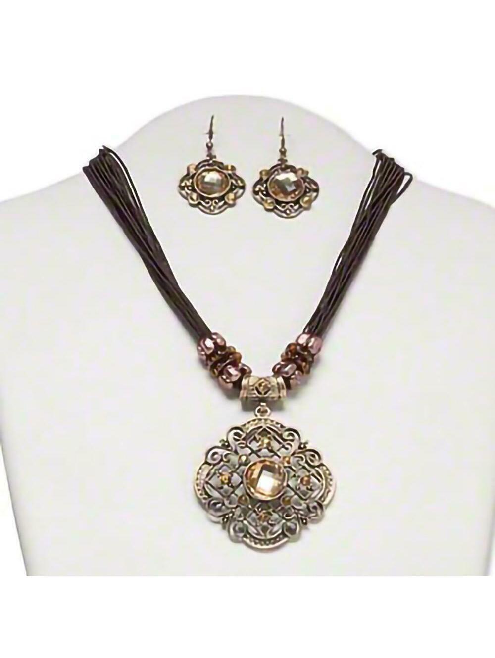 Modern Victorian Diamond Shape Necklace Earrings Set Antiqued Brass Multi